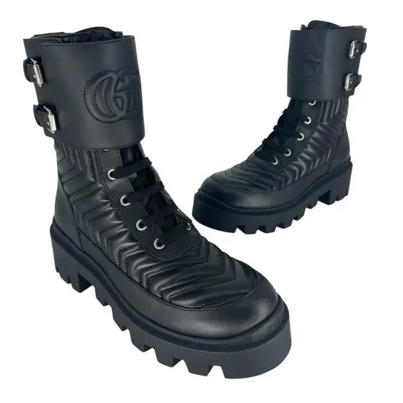 Gucci Frances Quilted Leather Combat Boots in Black - Picture 4 of 16